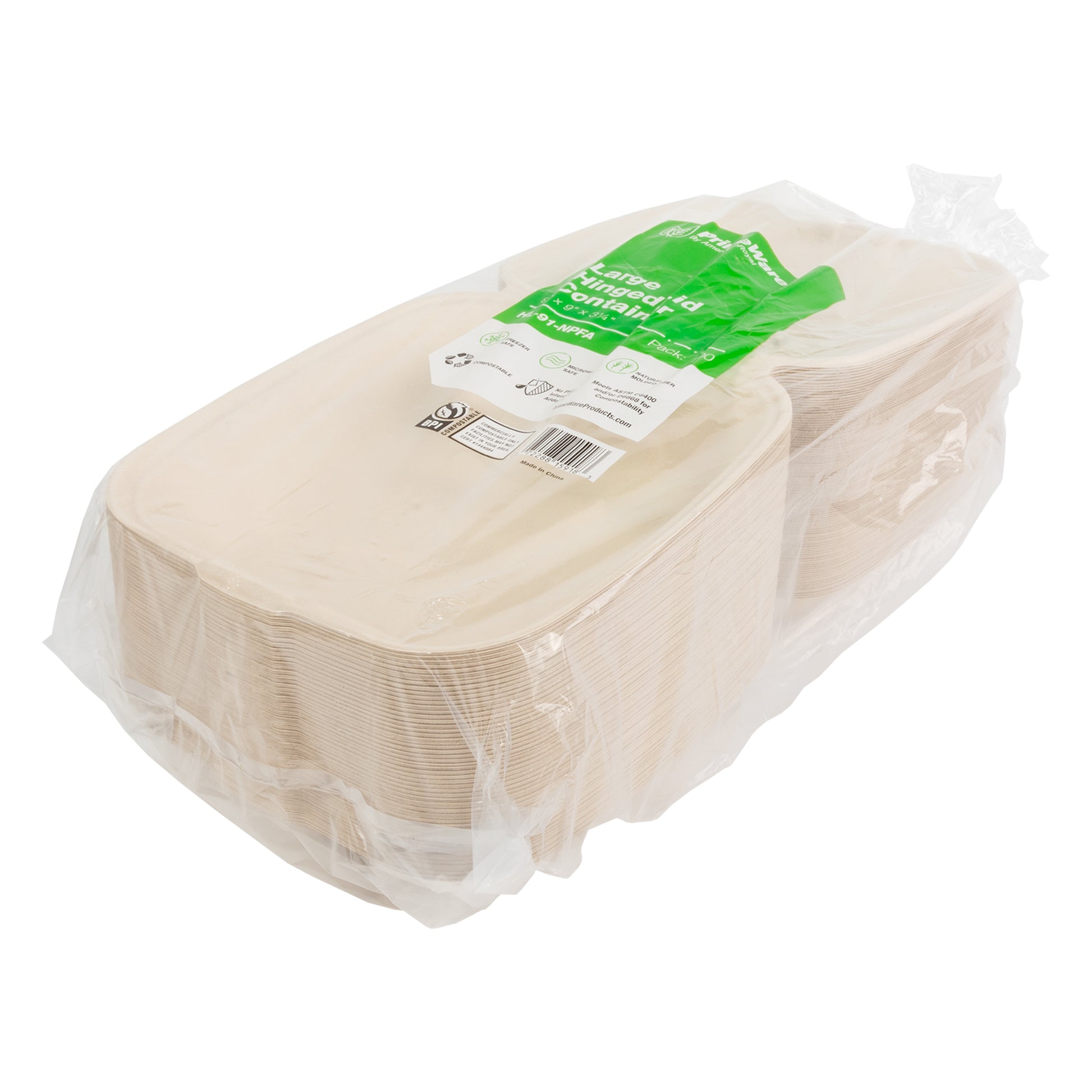 sleeve of 9" x 9" no added PFAS molded fiber hinged lid clamshell containers