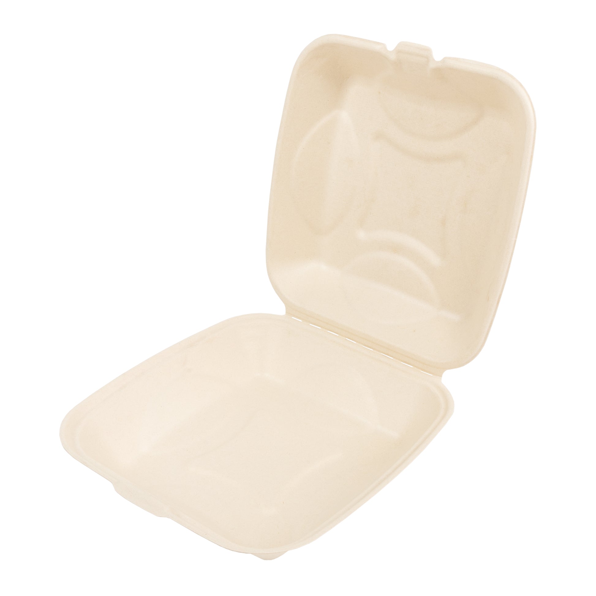 9" x 9" no added PFAS molded fiber hinged lid clamshell container ajar