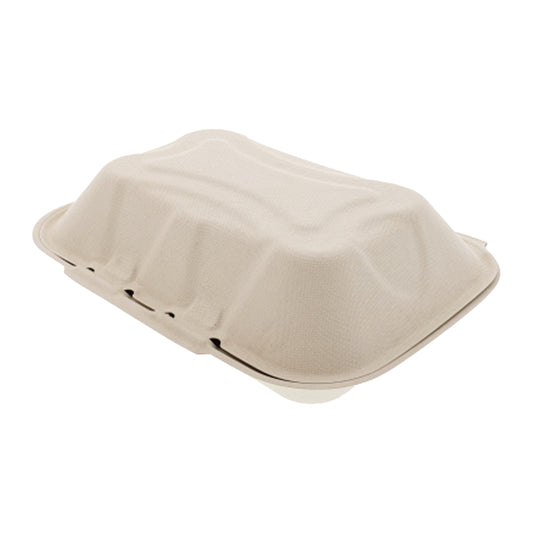 No PFAS added 9" x 6" 2 Section Molded Fiber Clamshell/Hinged Lid Container closed angled view