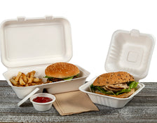 molded fiber hinged lid containers with burgers inside