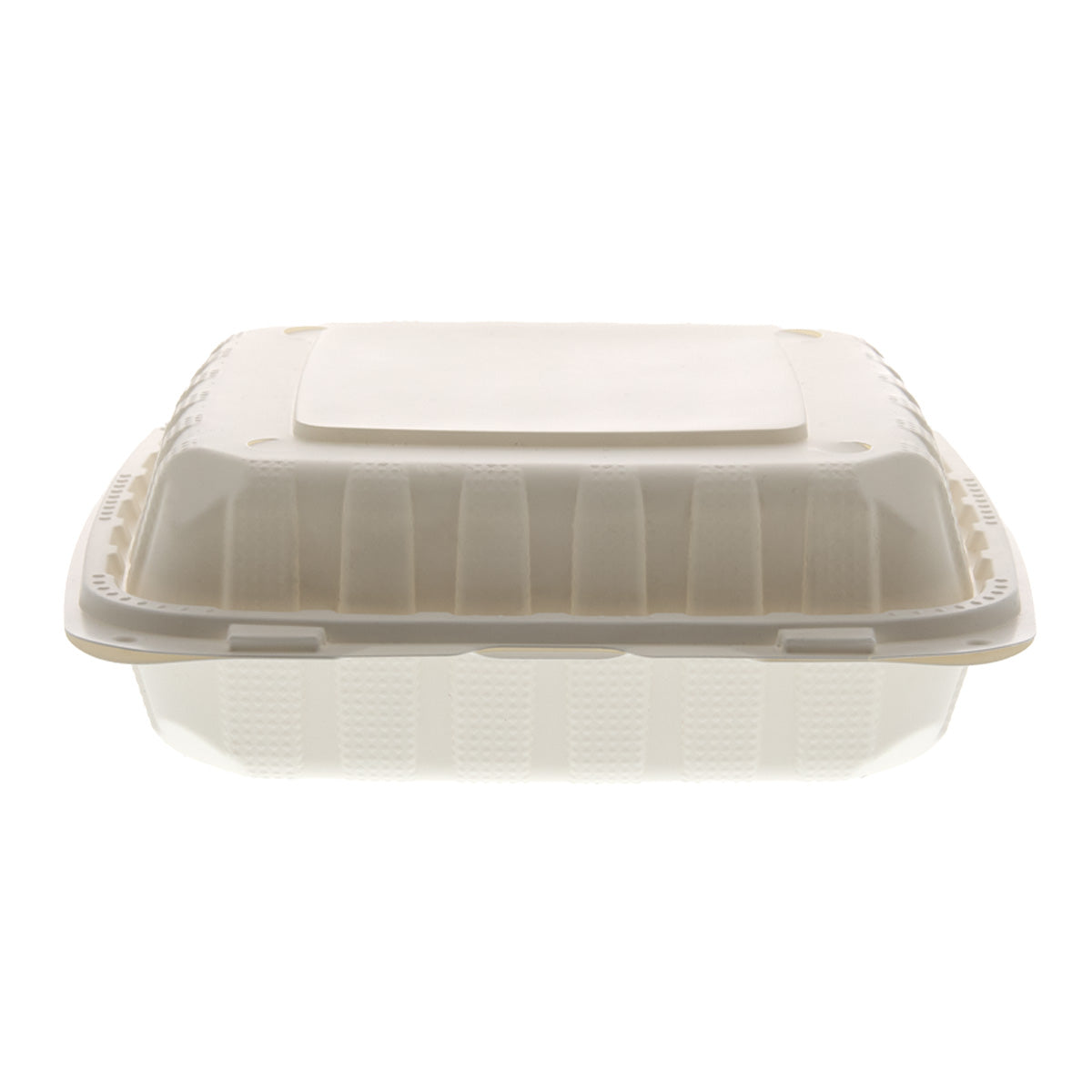 white 8" x 8" x 3" Lightweight Mineral Filled PP Vented Container closed front view