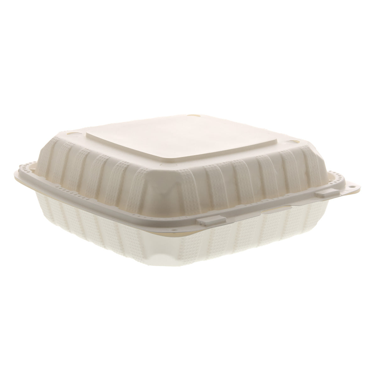 White 8" x 8" x 3" Lightweight Mineral Filled PP Vented Container with Hinged Lid closed top view