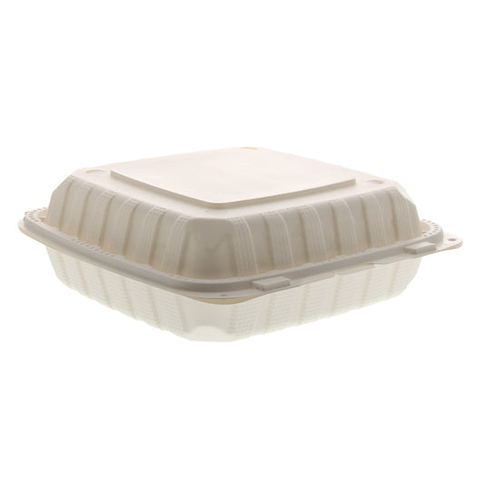 White 8" x 8" x 3" Lightweight Mineral Filled PP Vented Container with Hinged Lid closed top view