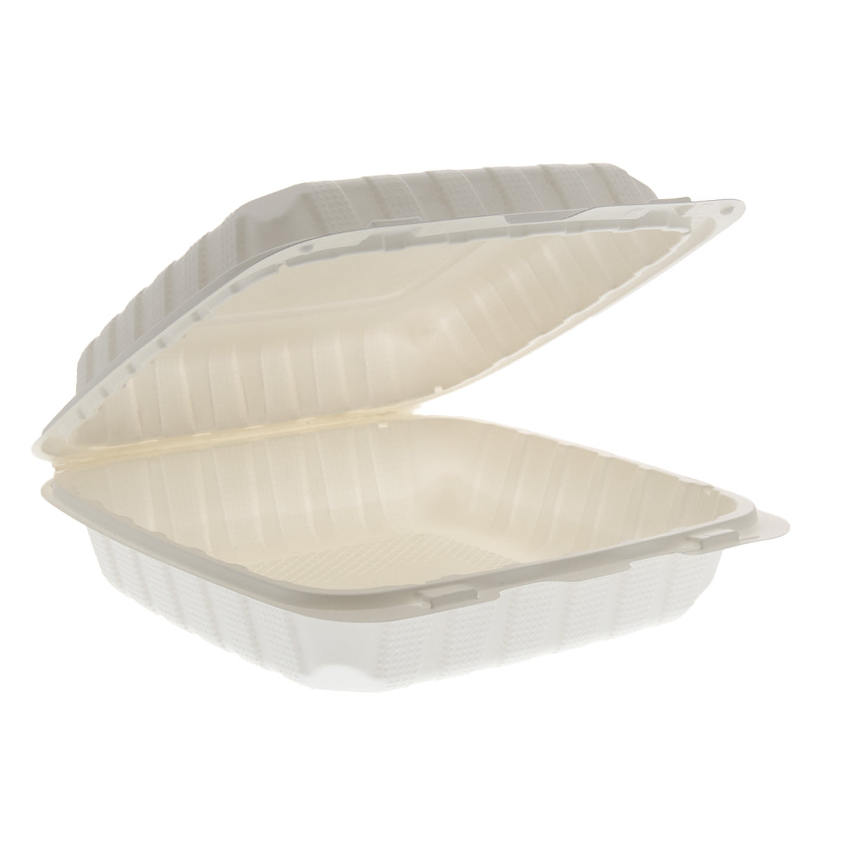 white 8" x 8" x 3" Lightweight Mineral Filled PP Vented Container with Hinged Lid open ajar