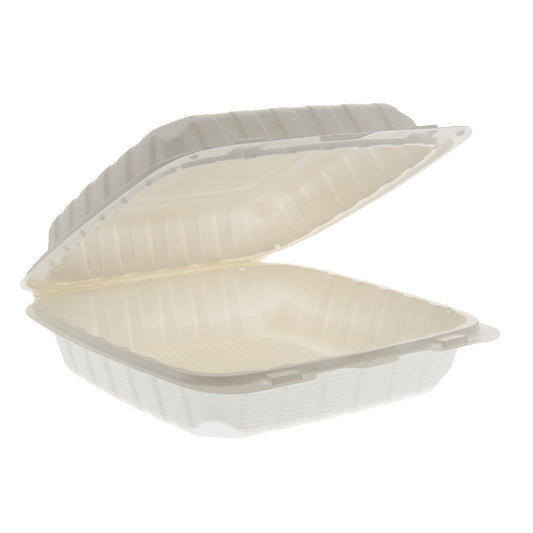 white 8" x 8" x 3" Lightweight Mineral Filled PP Vented Container with Hinged Lid open ajar