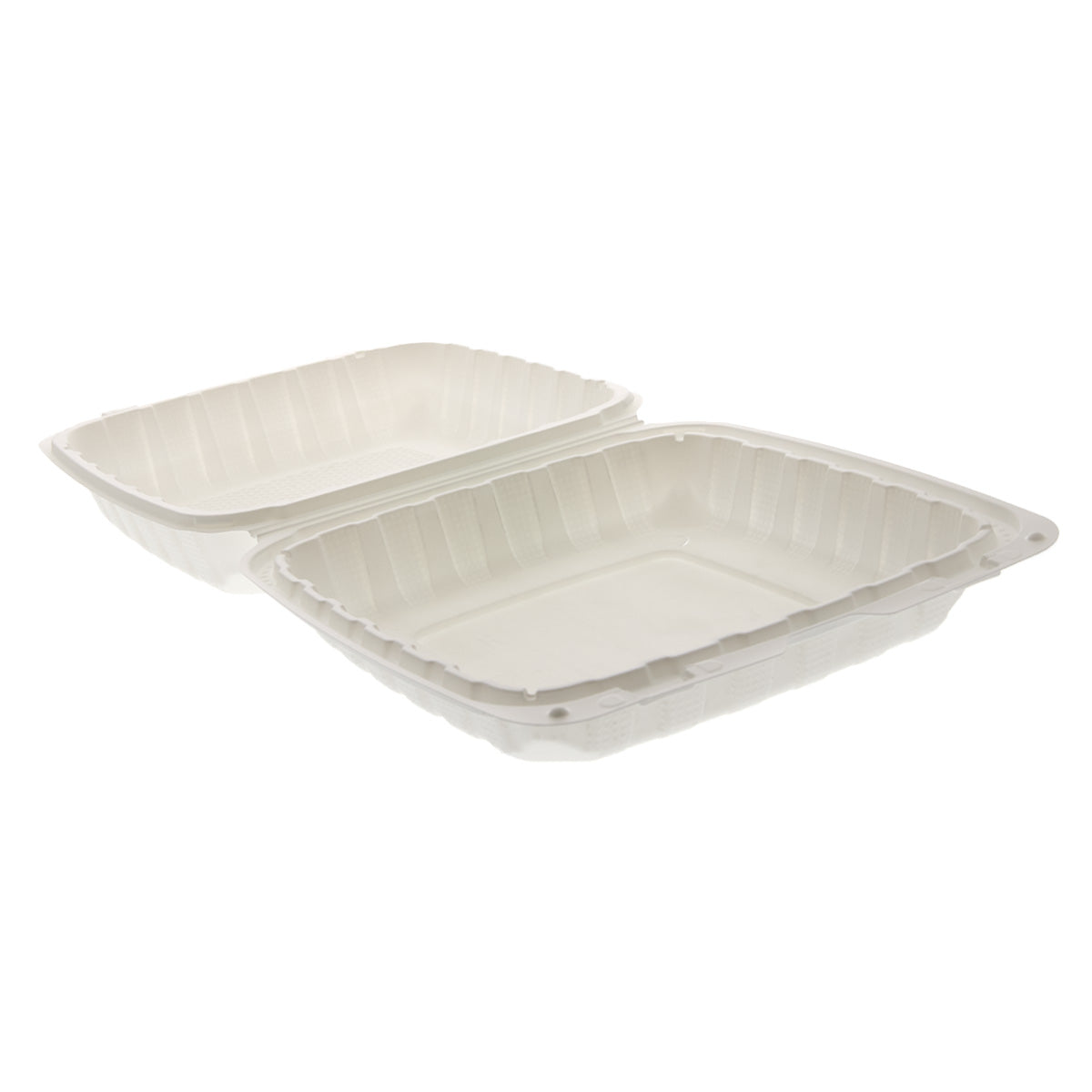 white 8" x 8" x 3" Lightweight Mineral Filled PP Vented Container open flat side view