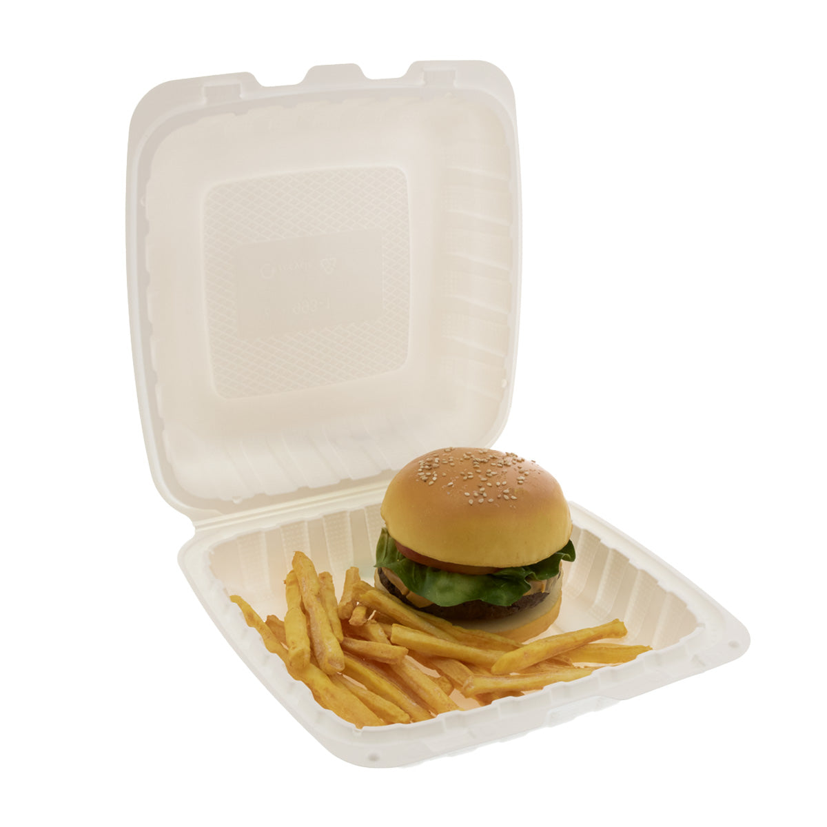 white 8" x 8" x 3" Lightweight Mineral Filled PP Vented Container with Hinged Lid open with a burger and fries inside