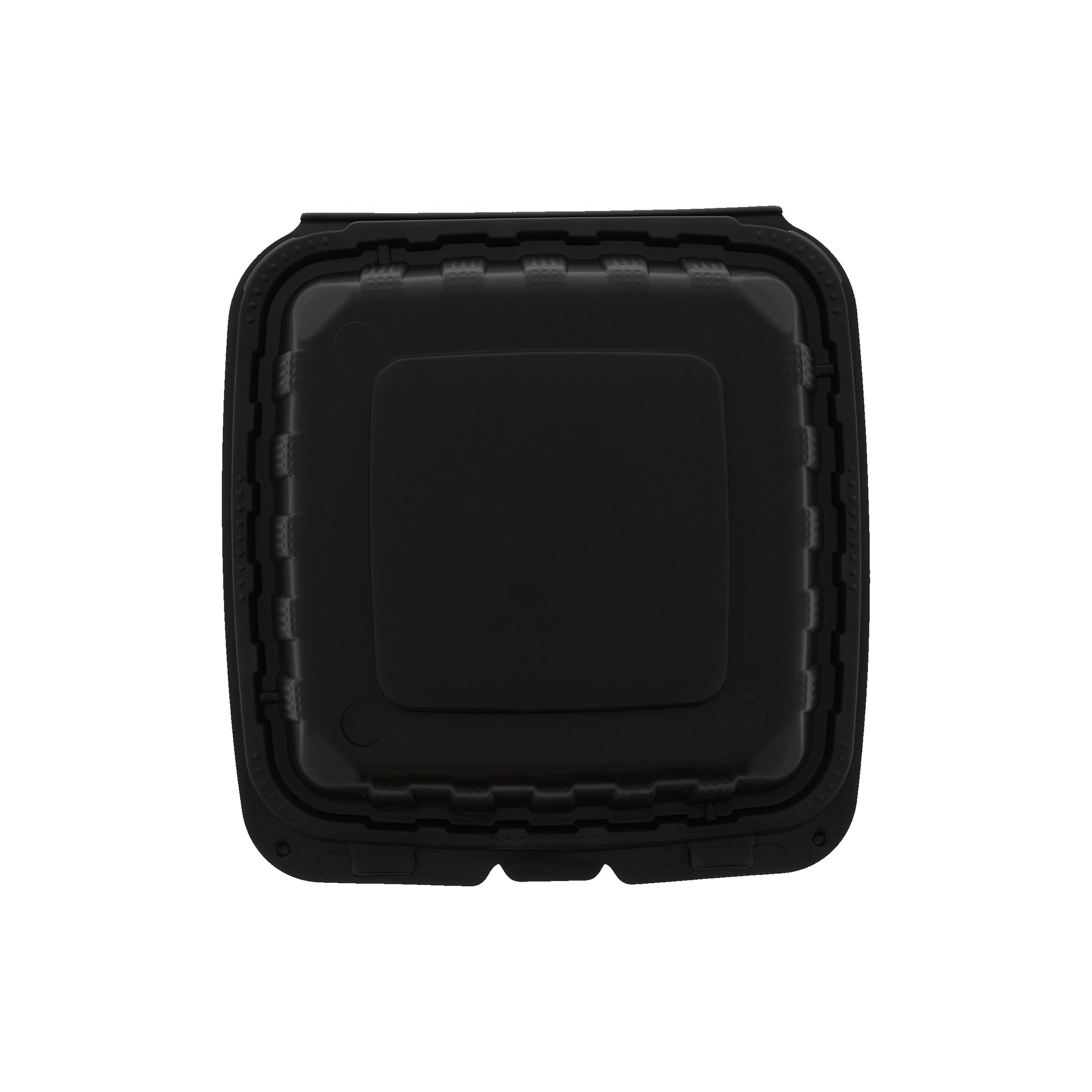 8" x 8" x 3" Lightweight Medium 3 Section Mineral Filled PP Black Clamshell/Hinged Lid Container top view