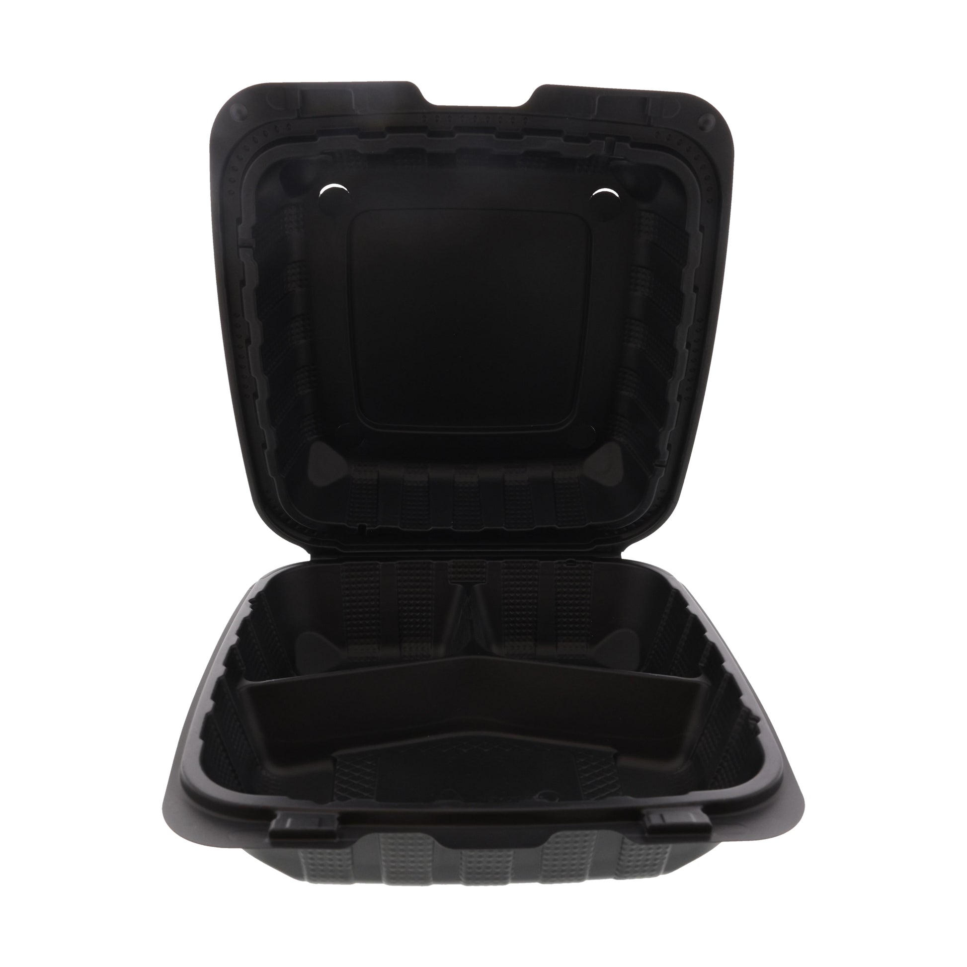 8" x 8" x 3" Lightweight Medium 3 Section Mineral Filled PP Black Clamshell/Hinged Lid Container open - inside view
