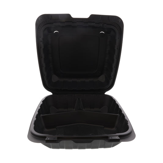 8" x 8" x 3" Lightweight Medium 3 Section Mineral Filled PP Black Clamshell/Hinged Lid Container open - inside view