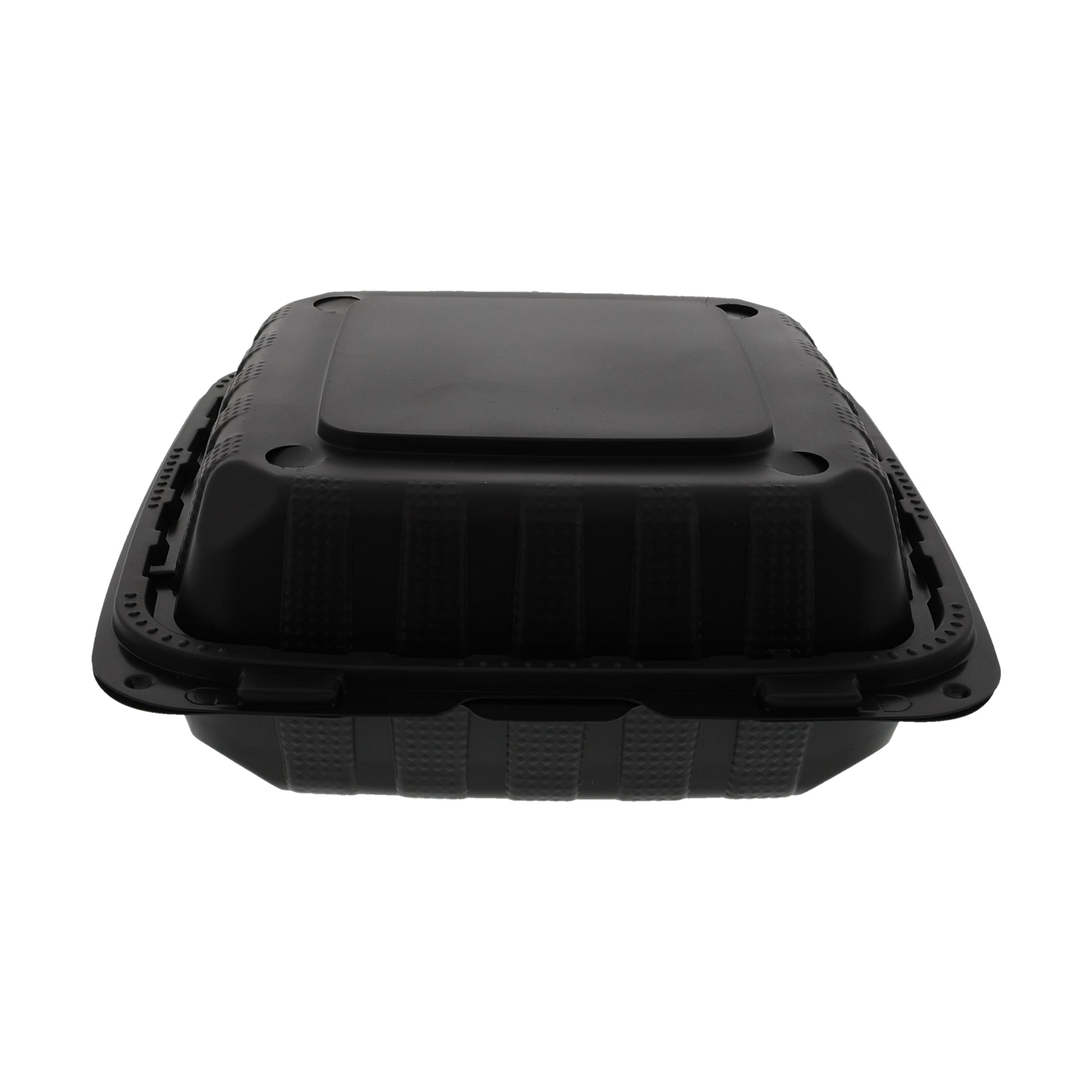 8" x 8" x 3" Lightweight Medium 3 Section Mineral Filled PP Black Clamshell/Hinged Lid Container front view