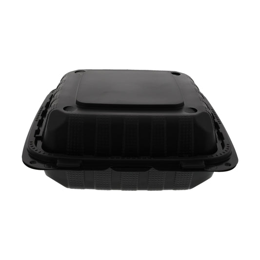 8" x 8" x 3" Lightweight Medium 3 Section Mineral Filled PP Black Clamshell/Hinged Lid Container front view