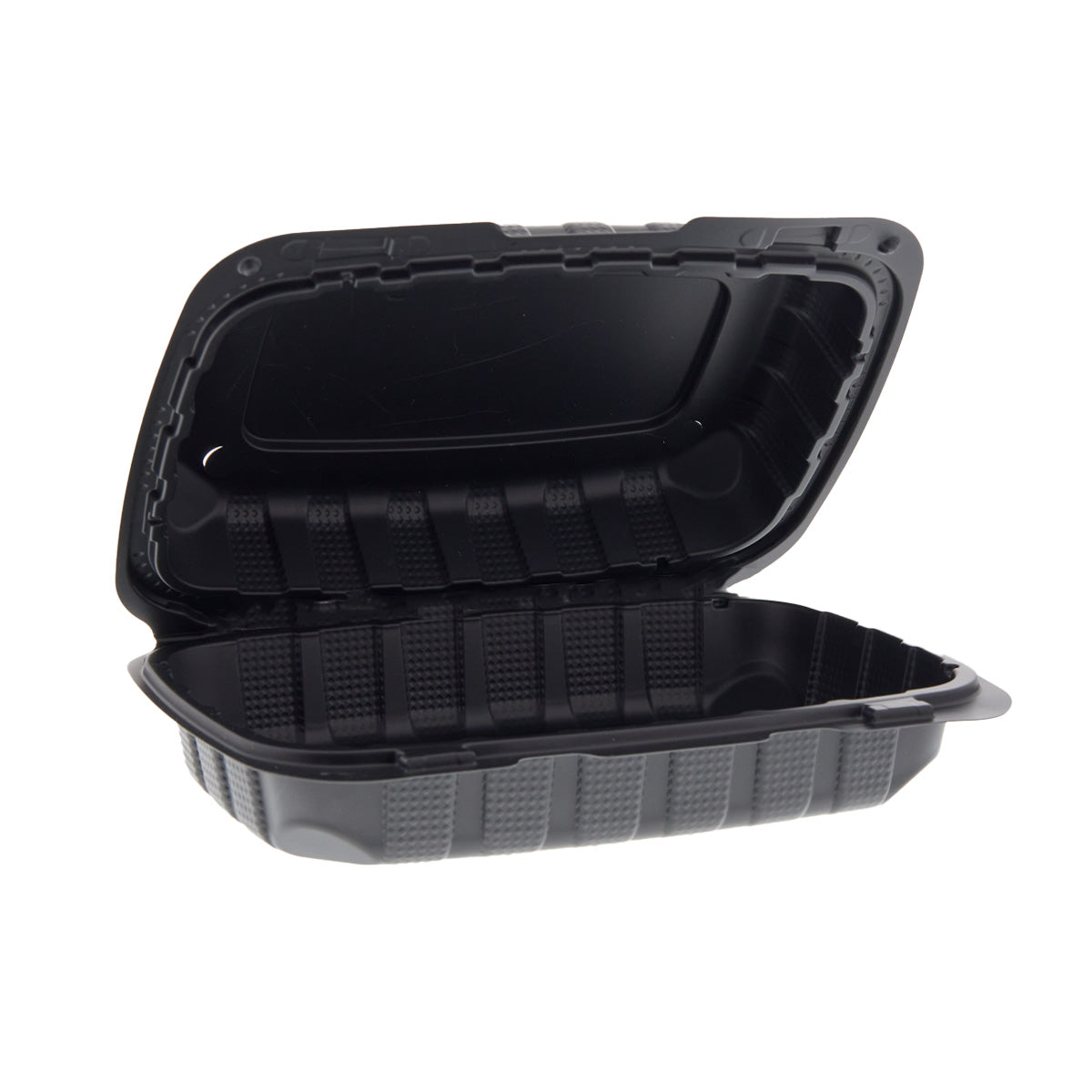 9" x 6" x 3" Hoagie Mineral Filled PP vented Black Hinged Lid Container ajar