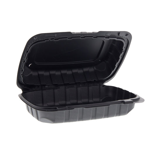 9" x 6" x 3" Hoagie Mineral Filled PP vented Black Hinged Lid Container ajar