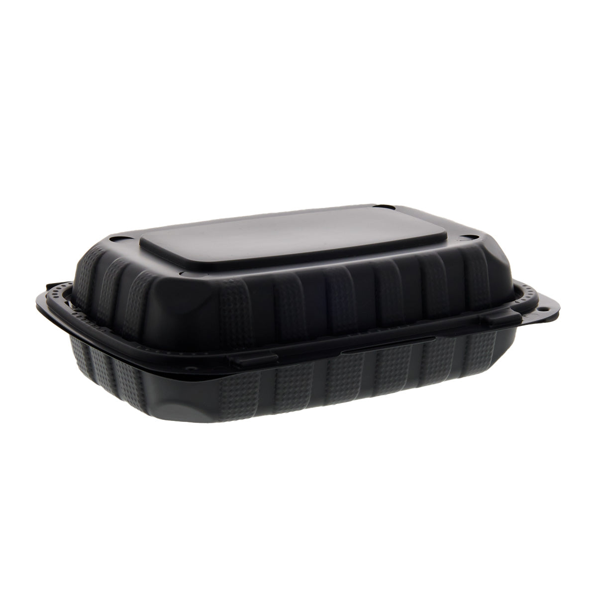9" x 6" x 3" Hoagie Mineral Filled PP vented Black Hinged Lid Container closed