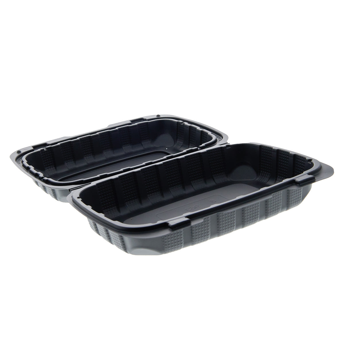 9" x 6" x 3" Hoagie Mineral Filled PP vented Black Hinged Lid Container open flat angle view