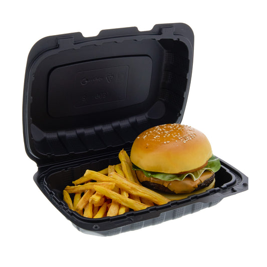9" x 6" x 3" Hoagie Mineral Filled PP vented  Black Hinged Lid Container with burger and fries