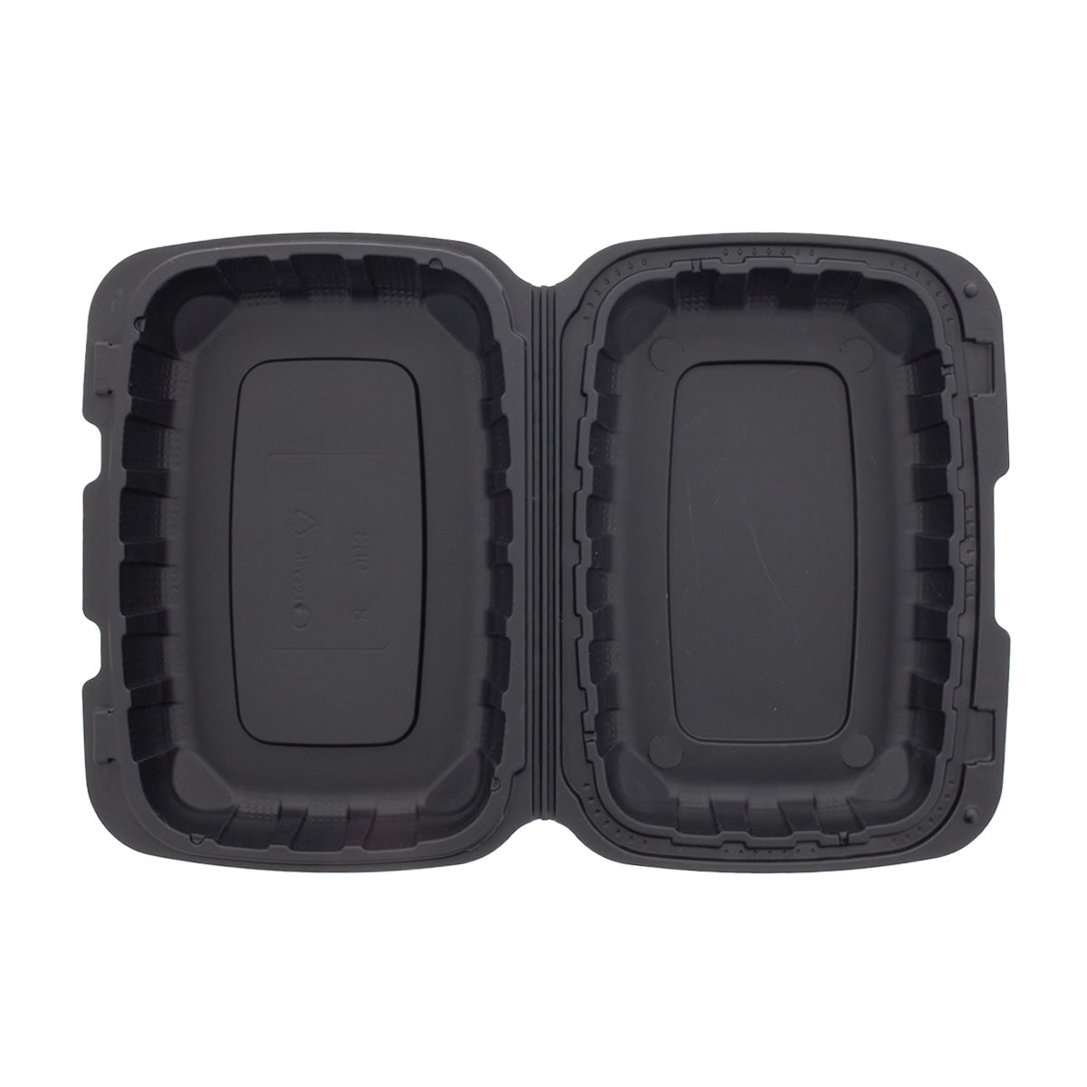 9" x 6" x 3" Hoagie Mineral Filled PP vented Black Hinged Lid Container open flat top view