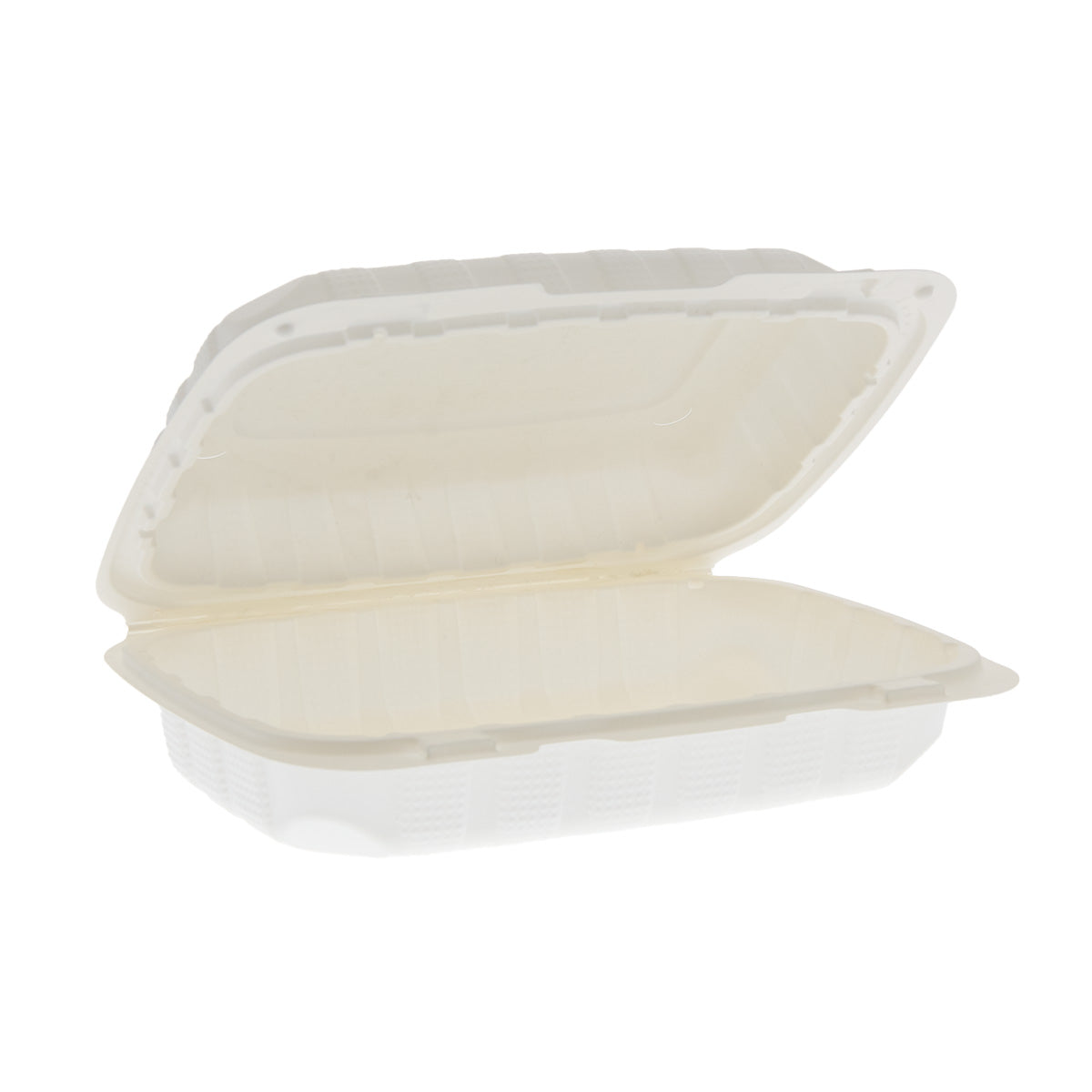 9" x 6" x 3" Hoagie Mineral Filled PP Vented White Hinged Lid Container open ajar