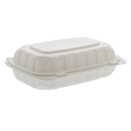 9" x 6" x 3" Hoagie Mineral Filled PP White Hinged Lid Container closed angle view