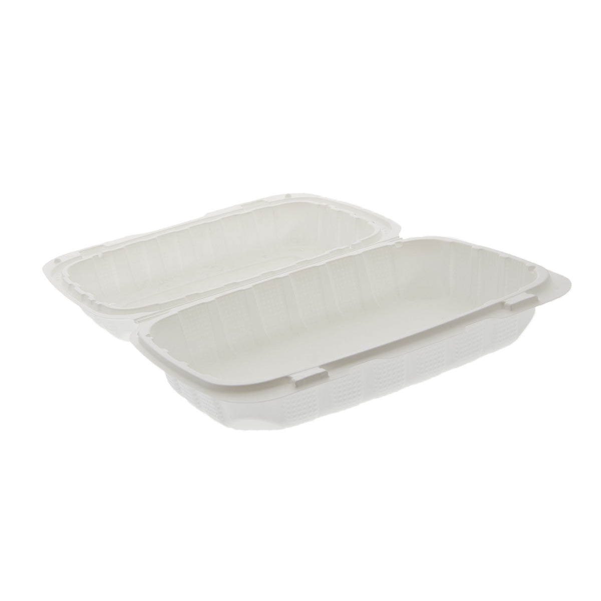 9" x 6" x 3" Hoagie Mineral Filled PP Vented White Hinged Lid Container open side view