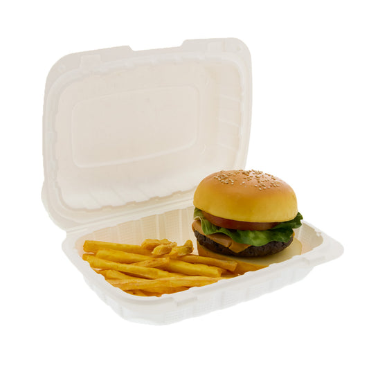 9" x 6" x 3" Hoagie Mineral Filled PP Vented White Hinged Lid Container with burger & fries