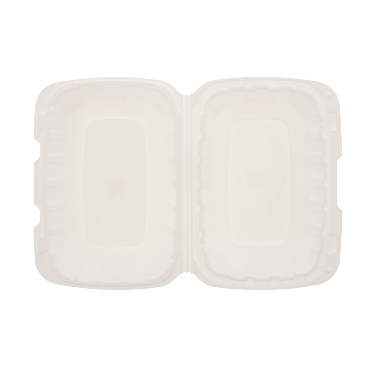 9" x 6" x 3" Hoagie Mineral Filled PP Vented White Hinged Lid Container open top view