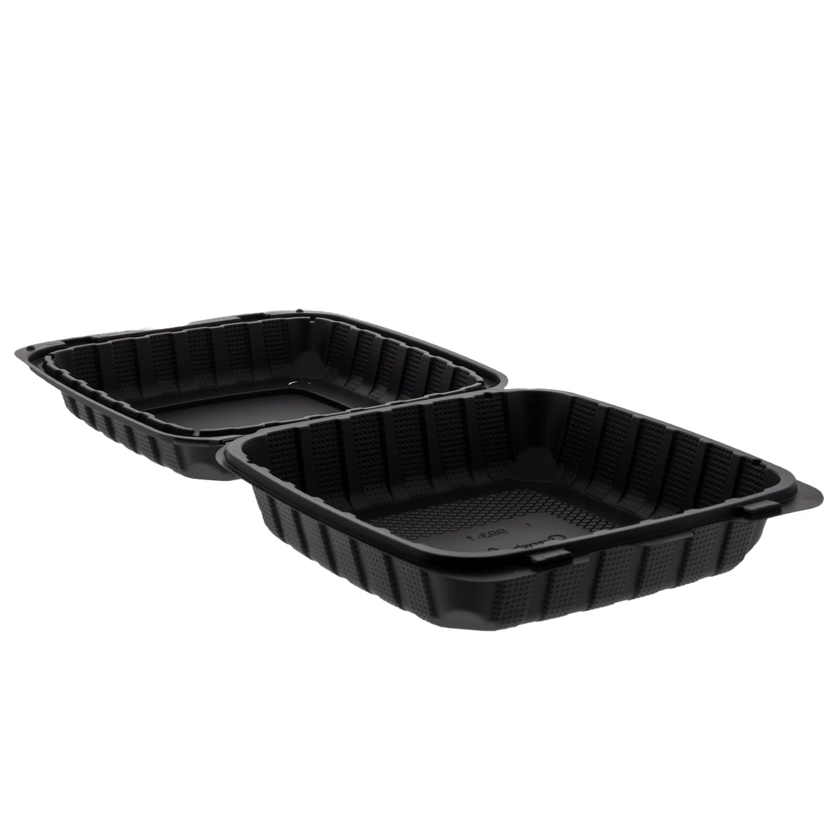 9" x 9" x 3" Lightweight Mineral Filled PP Vented Container with Hinged Lid, Black open flat