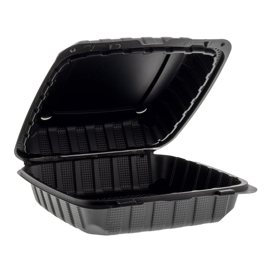 9" x 9" x 3" Lightweight Mineral Filled PP Vented Container with Hinged Lid, Black open ajar