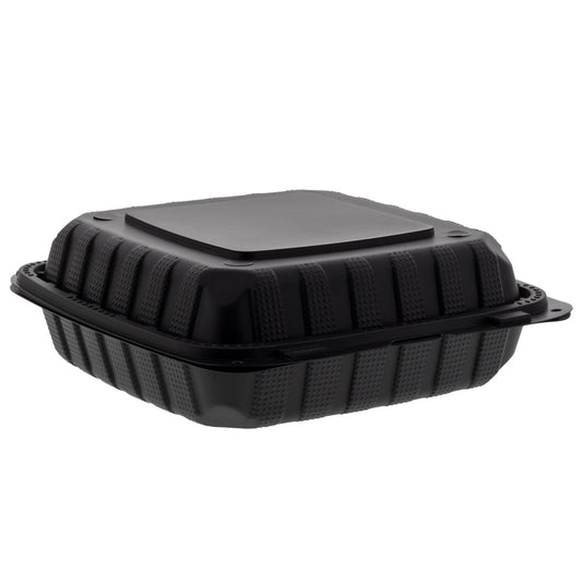9" x 9" x 3" Lightweight Mineral Filled PP Vented Container with Hinged Lid, Black closed top angle view