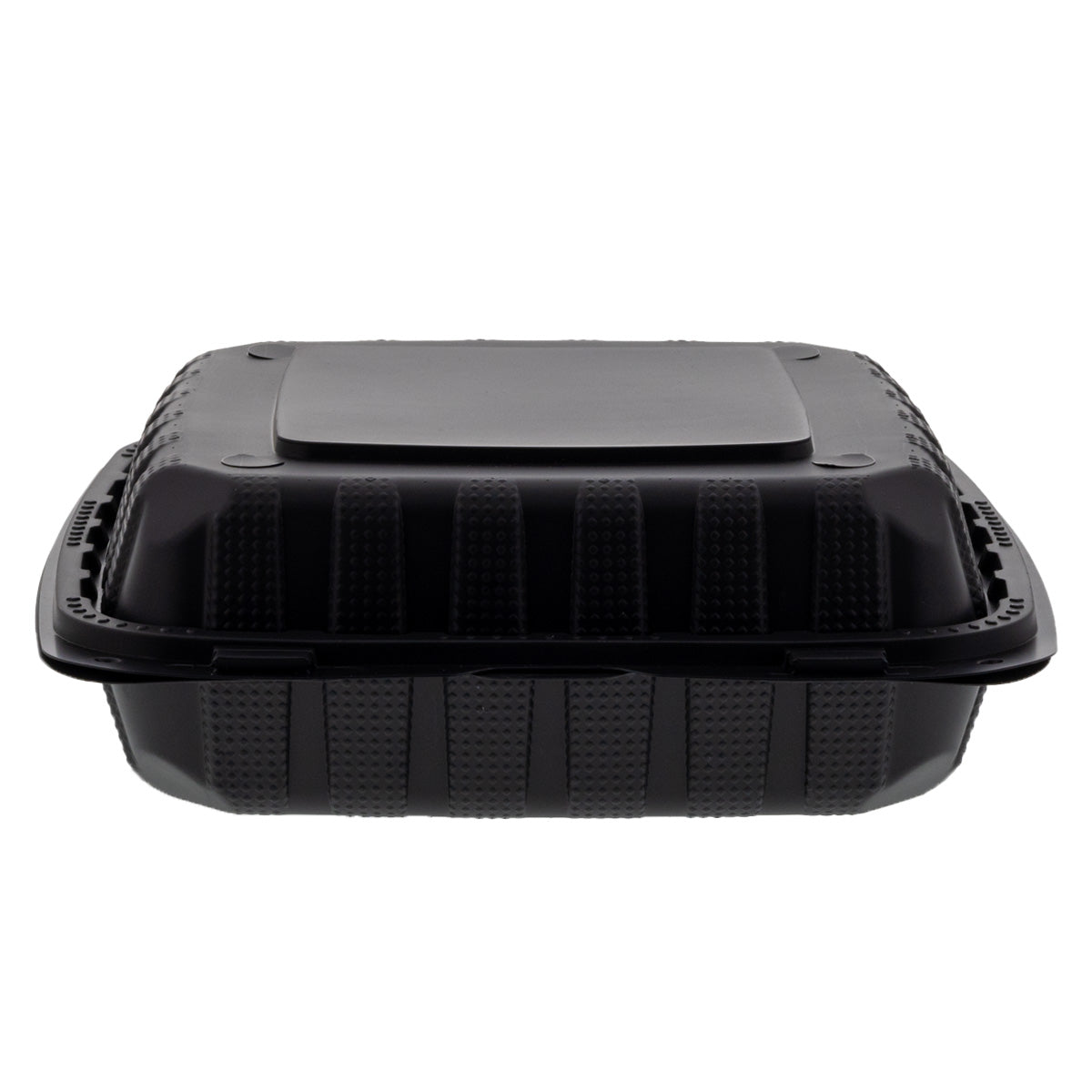 9" x 9" x 3" Lightweight Mineral Filled PP Vented Container with Hinged Lid, Black closed front view