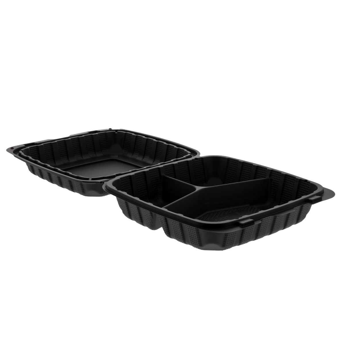 9" x 9" x 3" Lightweight Mineral Filled PP Vented 3-Section Container with Hinged Lid, Black open flat angle view