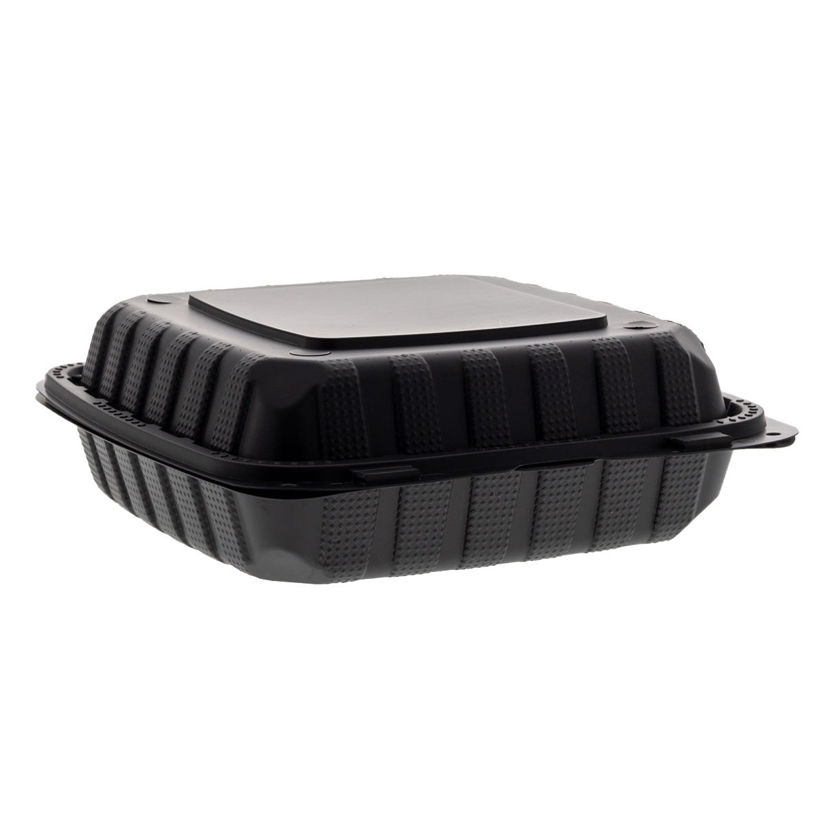 9" x 9" x 3" Lightweight Mineral Filled PP Vented 3-Section Container with Hinged Lid, Black closed angle view