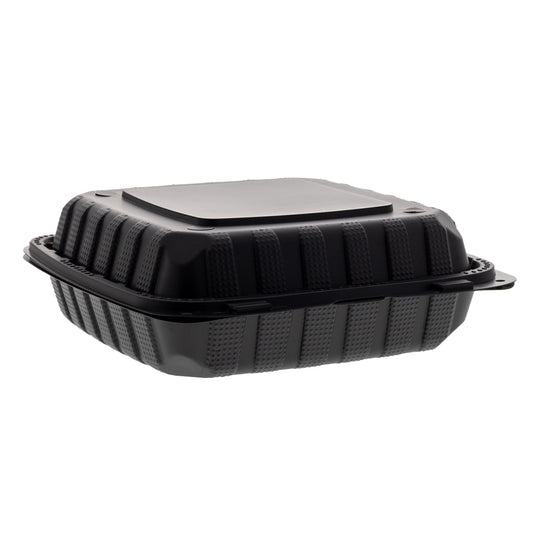 9" x 9" x 3" Lightweight Mineral Filled PP Vented 3-Section Container with Hinged Lid, Black closed angle view