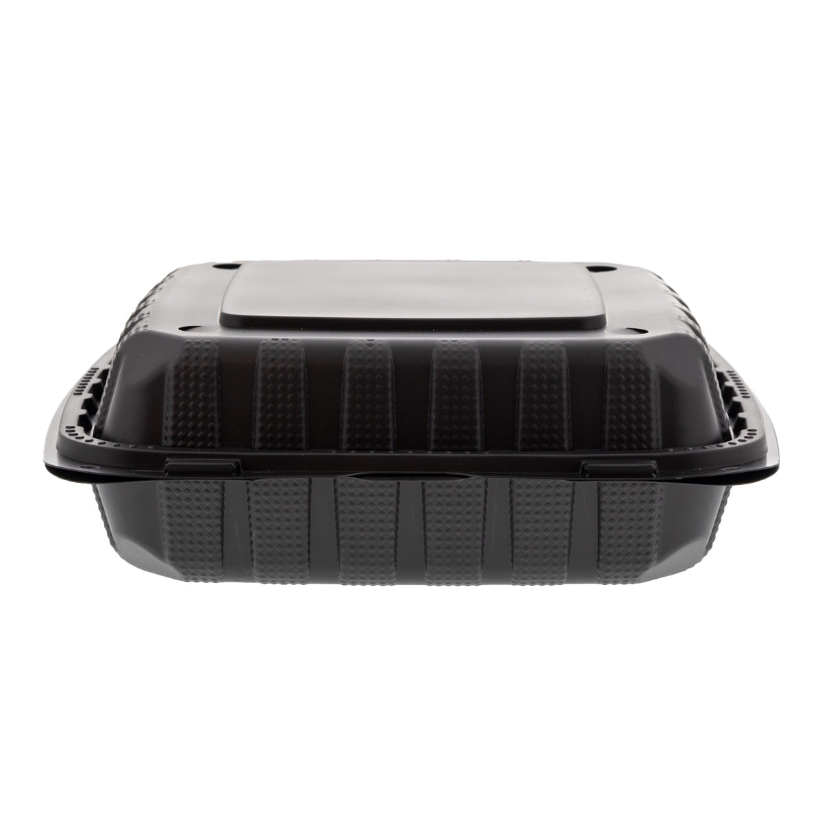 9" x 9" x 3" Lightweight Mineral Filled PP Vented 3-Section Container with Hinged Lid, Black closed front view