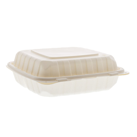 9" x 9" x 3" Lightweight Mineral Filled PP Vented 3-Section Container with Hinged Lid, White closed angle view