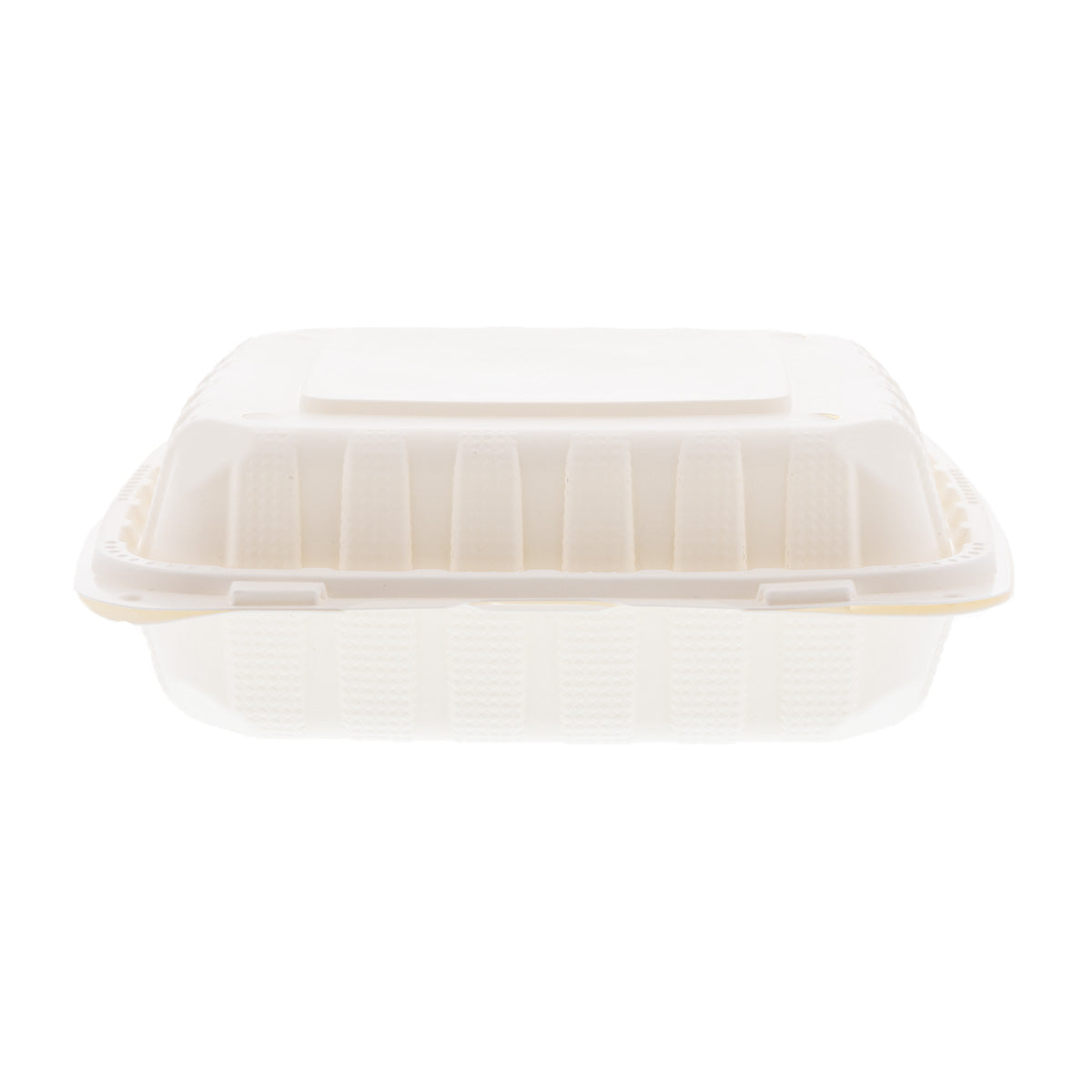 9" x 9" x 3" Lightweight Mineral Filled PP Vented 3-Section Container with Hinged Lid, White closed front view