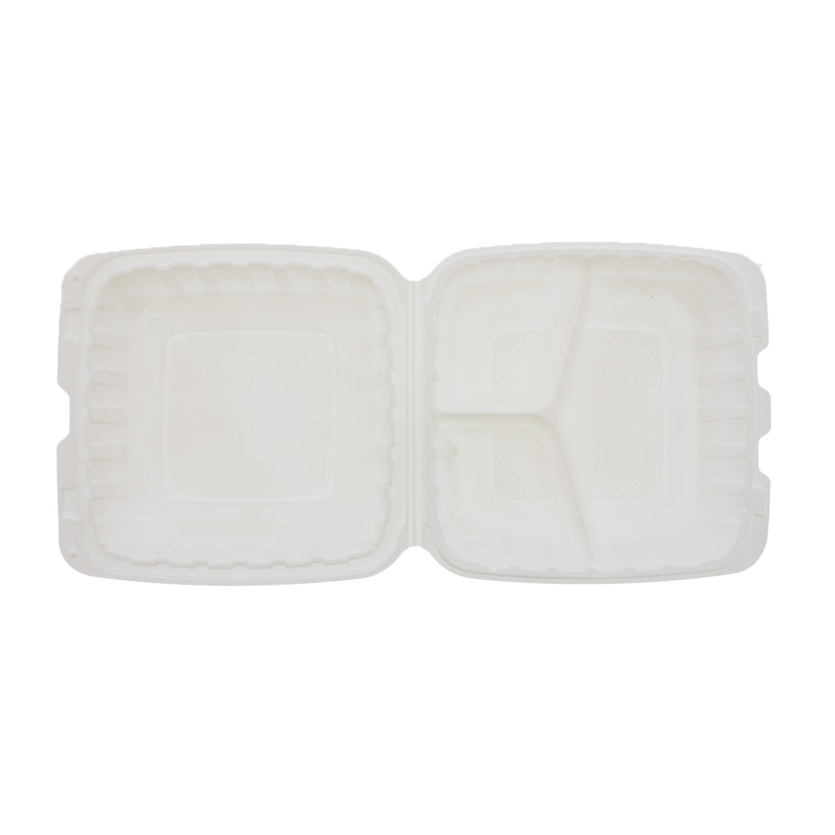 9" x 9" x 3" Lightweight Mineral Filled PP Vented 3-Section Container with Hinged Lid, White open flat top view