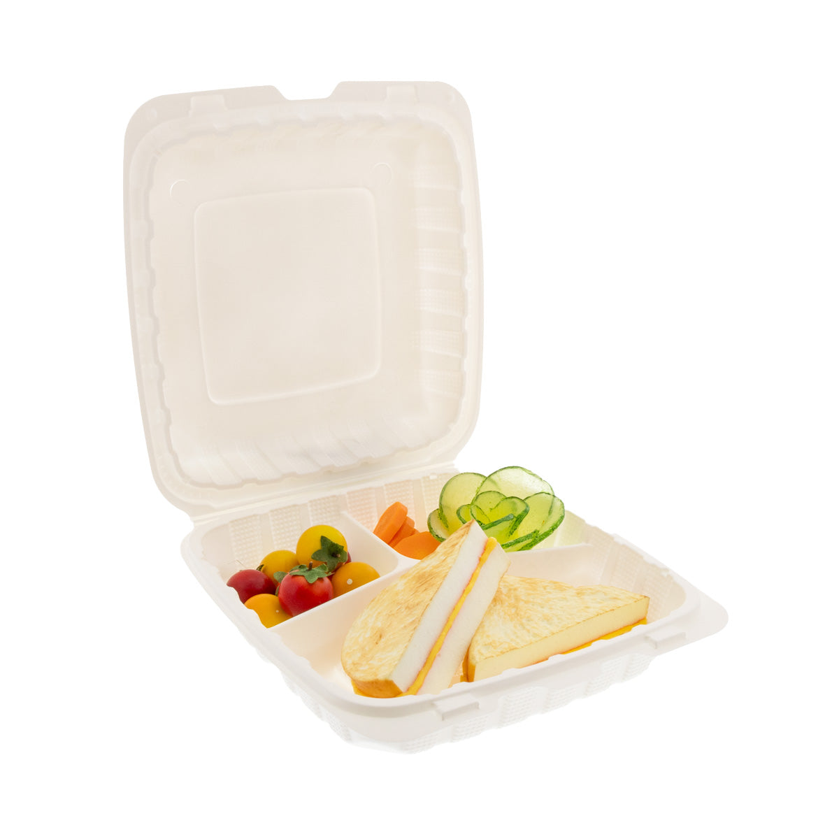 9" x 9" x 3" Lightweight Mineral Filled PP Vented 3-Section Container with Hinged Lid, White open with sandwich, fruit and veggies inside