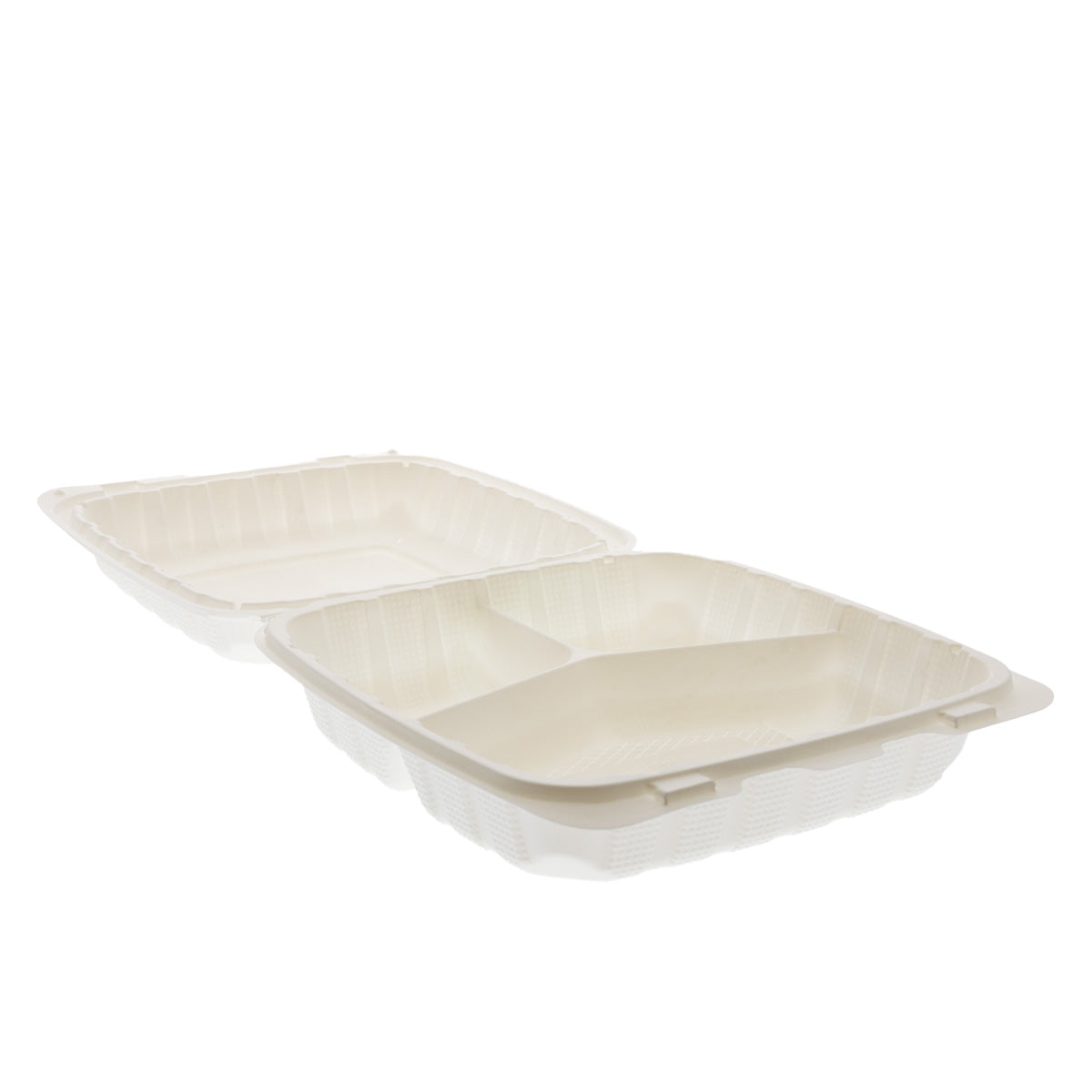 9" x 9" x 3" Lightweight Mineral Filled PP Vented 3-Section Container with Hinged Lid, White open flat side angle