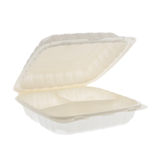 9" x 9" x 3" Lightweight Mineral Filled PP Vented 3-Section Container with Hinged Lid, White open ajar showing the three compartments