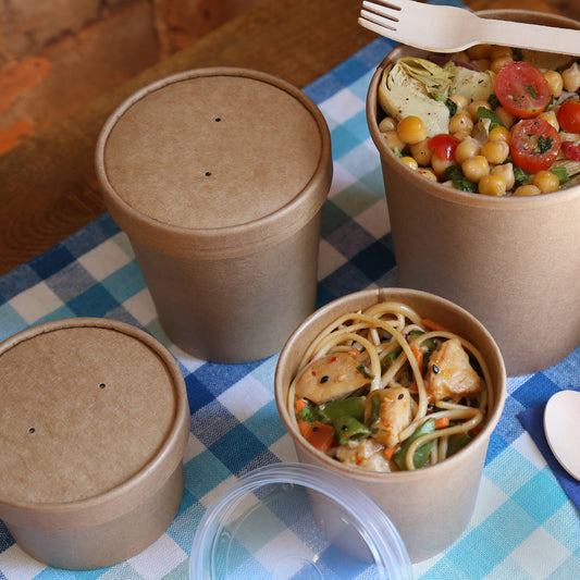 Kraft Vented Paper Lids in Lunch Setting