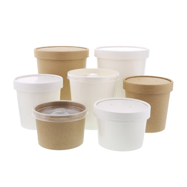 various sizes of white and kraft paper food containers with lids