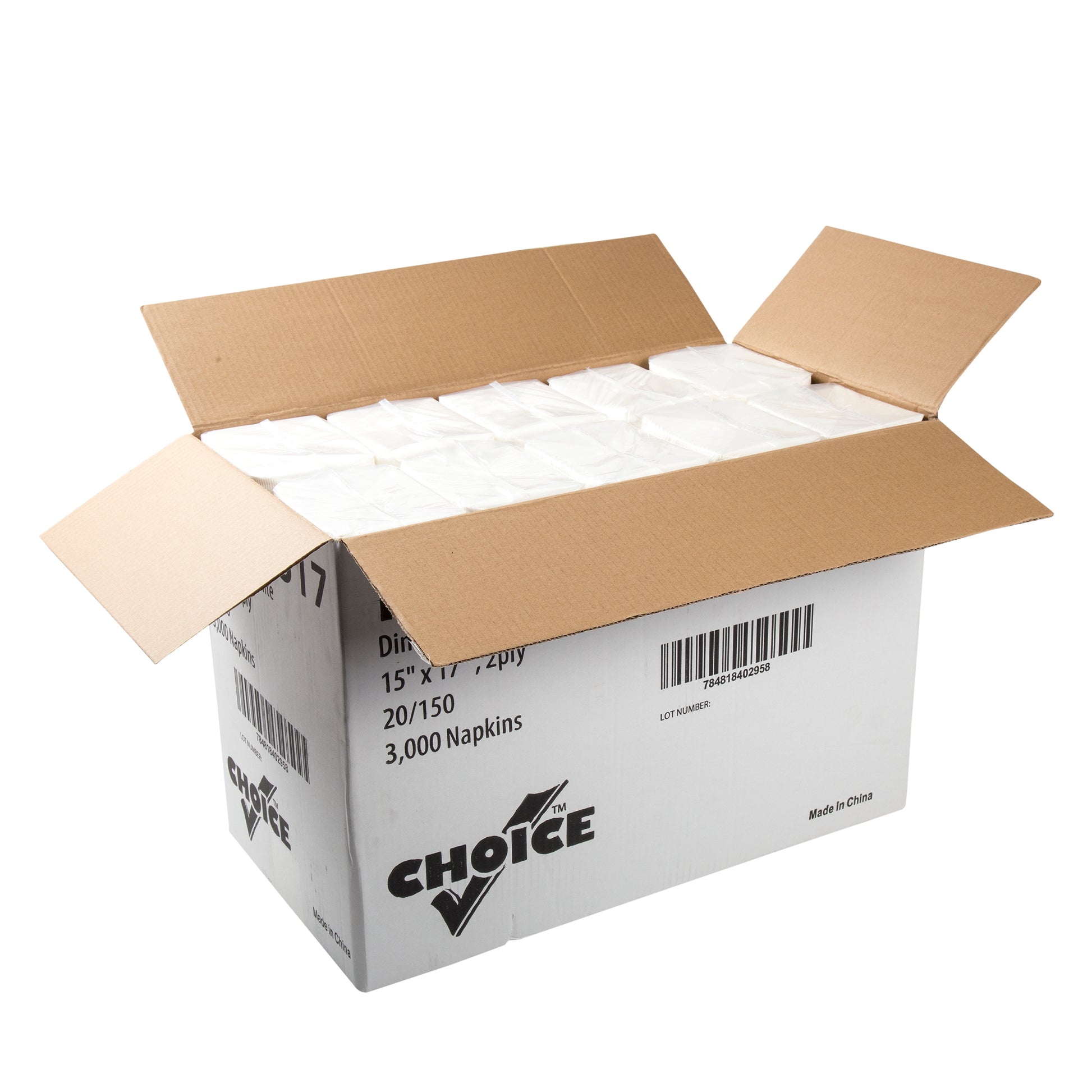 Open case of 15" x 17" White 2-Ply Dinner Napkins