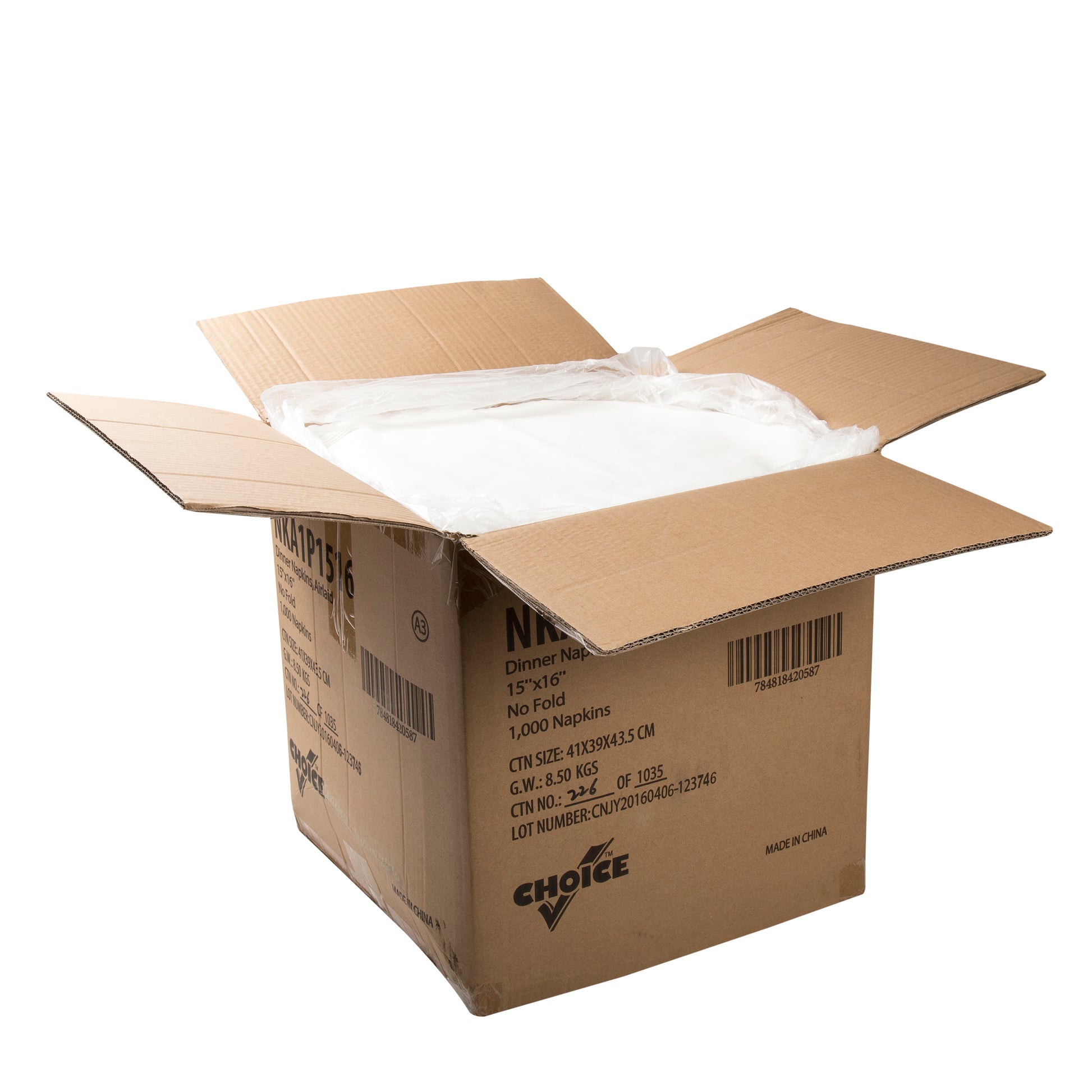 open case of 15" x 16" 1 Ply White Airlaid Napkins