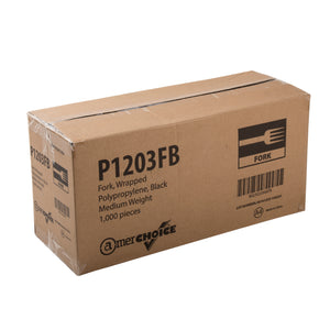 closed case of Medium Weight Black Polypropylene Individually Wrapped Forks