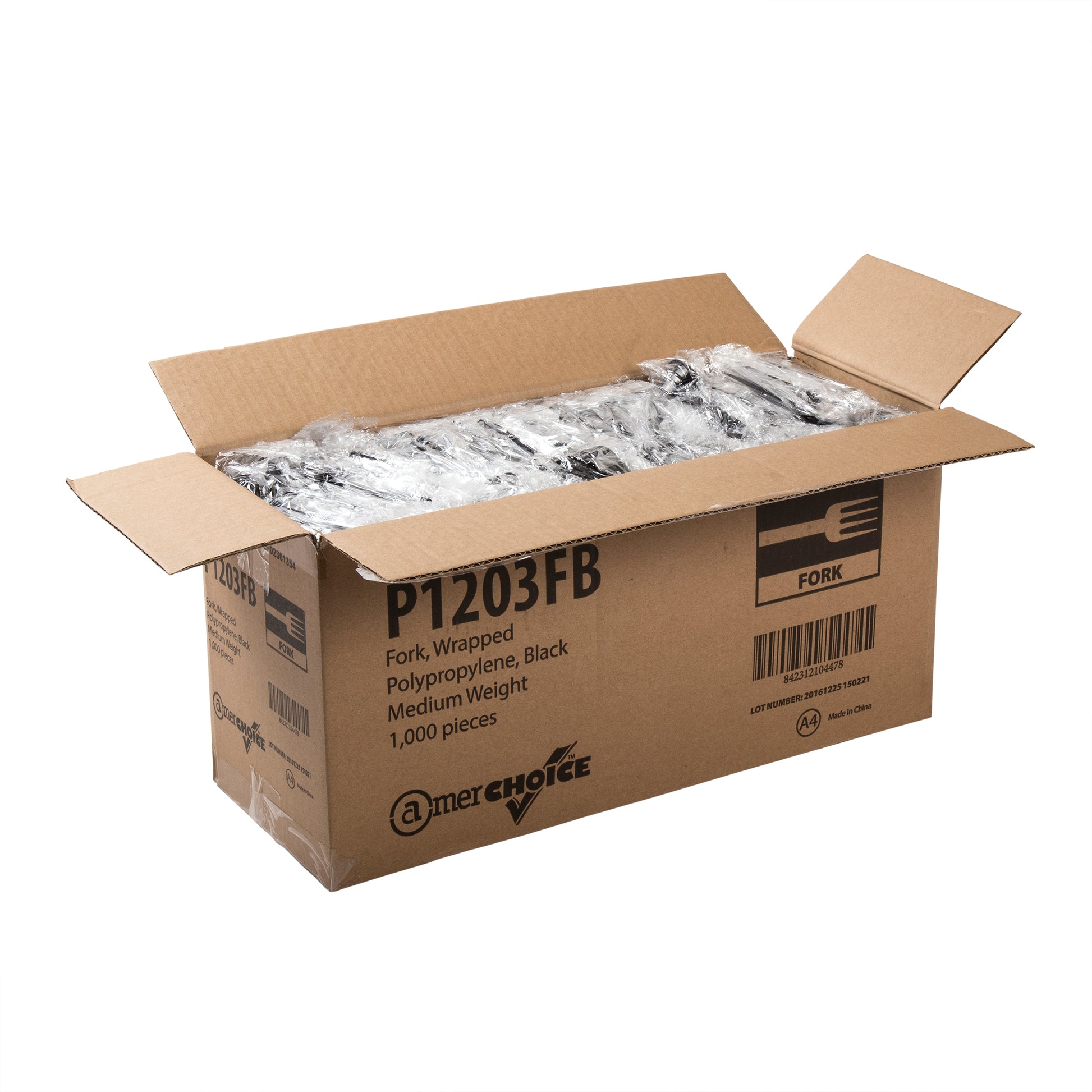 opened case of Medium Weight Black Polypropylene Individually Wrapped Forks