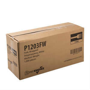 closed case of Medium Weight White Polypropylene Individually Wrapped Forks