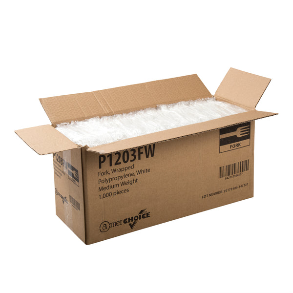 open case of Medium Weight White Polypropylene Individually Wrapped Forks