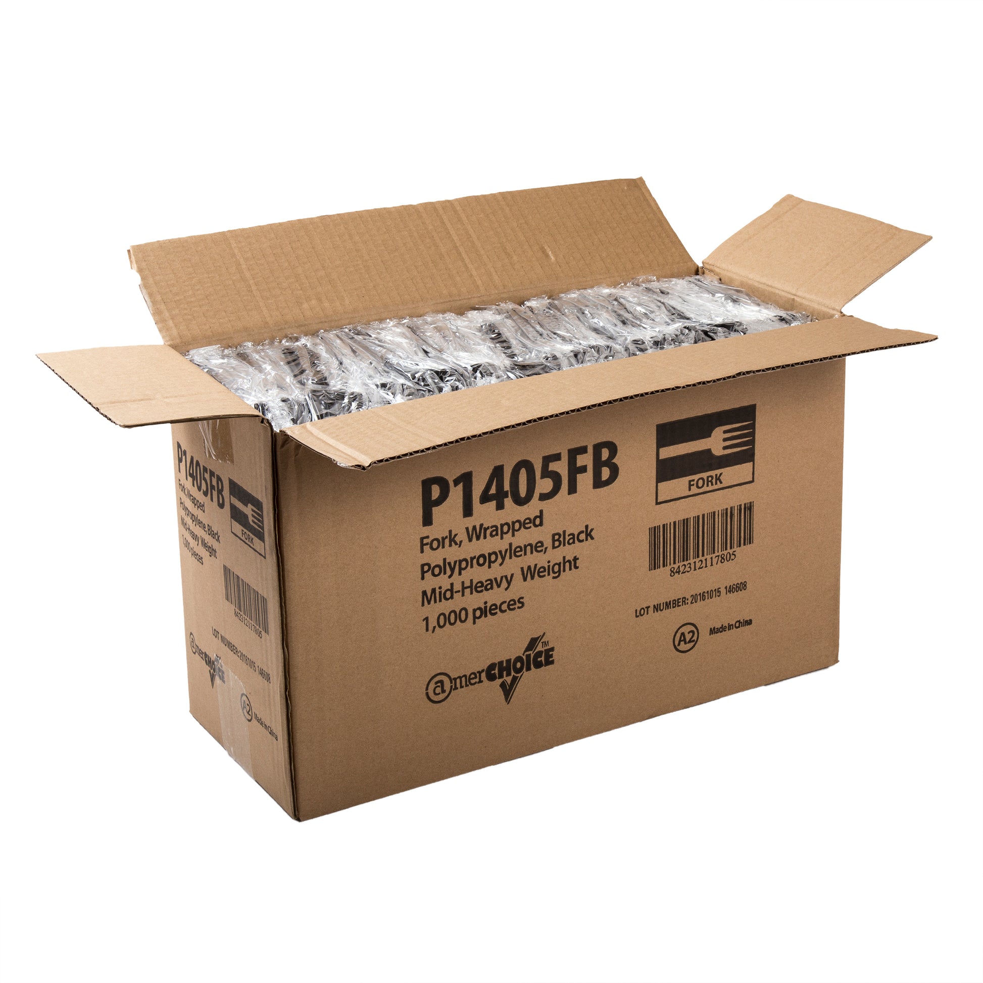 open case of Medium Heavy Weight Black Polypropylene Individually Wrapped Forks